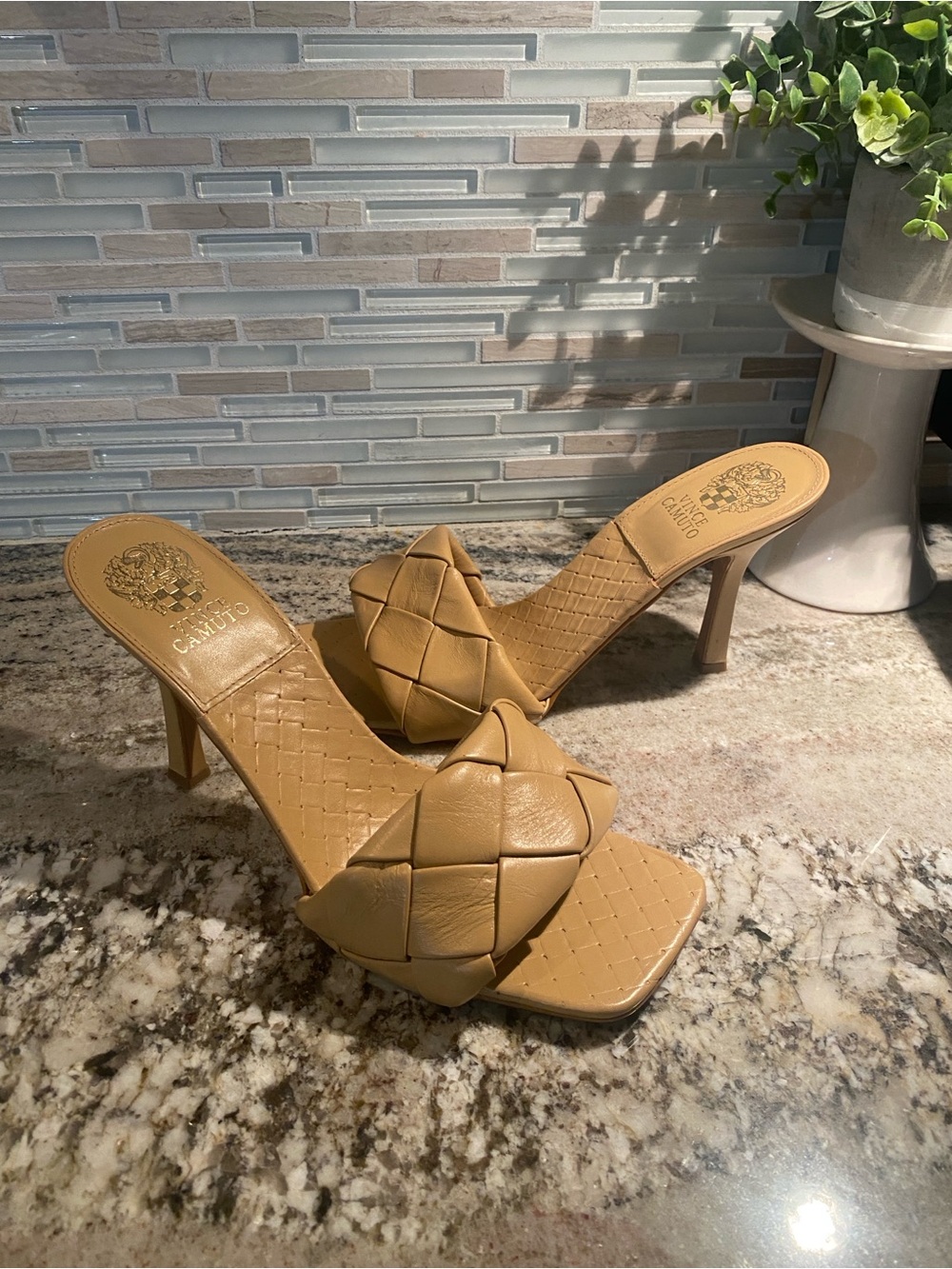 Vince Camuto Tan Woven Leather Slide Sandals